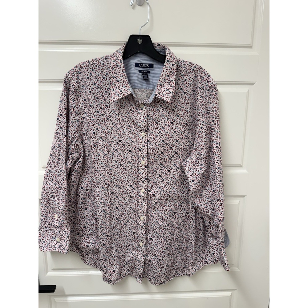 Chaps No Iron Women XXL 2X Floral Button Front Blouse Shirt Multicolor Cotton